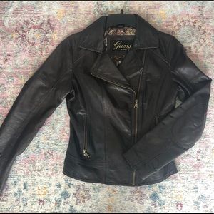 Dark brown leather Guess moto jacket.
